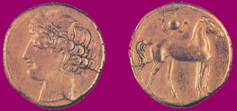 Moneda carthaginesa. Tanit en el anverso y un equino en el reverso.